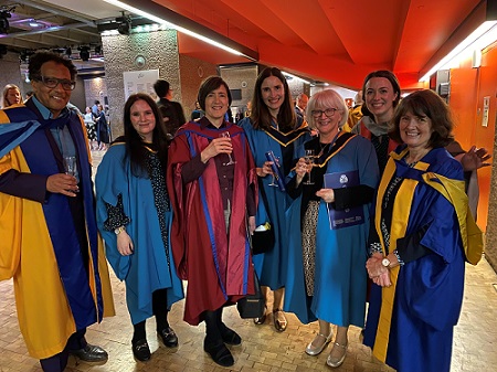 some of our recent OU MA Art History students at their graduation ceremony held at the Barbican, London with department staff, Dr Carla Benzan, Dr Emma Barker and Professor Clare Taylor. Alongside former OU MA Art History student, Michael I. Ohajuru who also received his honorary doctorate from the OU in 2024.