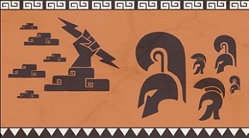 A drawing of black silhouettes of ancient military helmets and a hand grasping a thunderbolt, against an orange background.