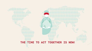 cartoon image of Health workers holding the world The time to act together is now