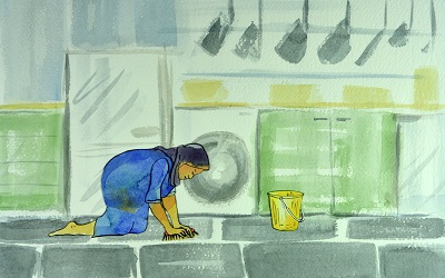Watercolour painting of a female scrubbing the floor