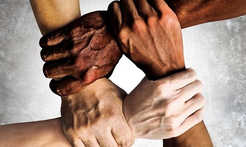 Multiracial hands holding each others wrists.