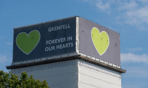 Forever in our hearts support banner on the Grenfell tower, August 2019. Photo: © Alex Danila/Dreamstime