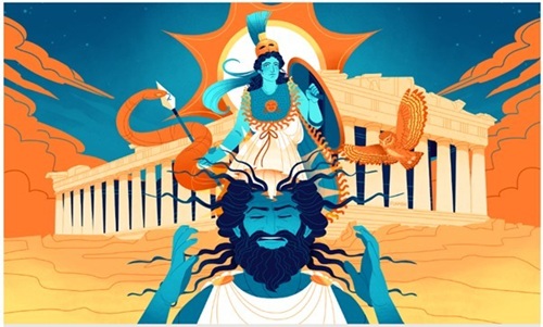 The goddess Athena, carrying a sword and shield and wearing a helmet, emerges fully formed from the top of the head of Zeus, a bearded god with flowing hair and his hands raised. The gods are in front of the Parthenon, a Greek temple. The image is rendered in hues of orange and blue.