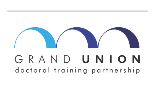 Grand Union logo, three half circle arches in light, dark and darker shades of blue above the text