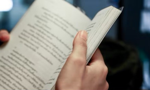 Image of a paperback hand held book being read 