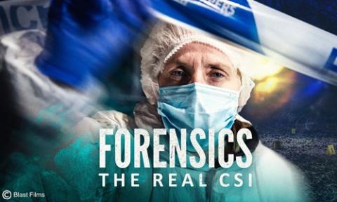 “Forensics: The Real CSI,” featuring a forensic investigator in protective gear, police tape in the foreground, and numbered evidence markers scattered across a dark outdoor crime‑scene setting.