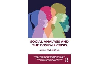 Image shows the front cover of the new book Social Analysis and the COVID-19 Crisis. It shows images of faces with masks on