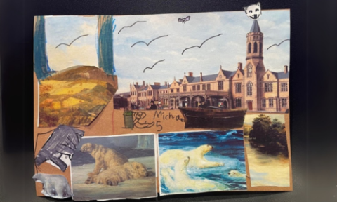 Collage with pictures of polar bears and a period landscape stuck to cardboard