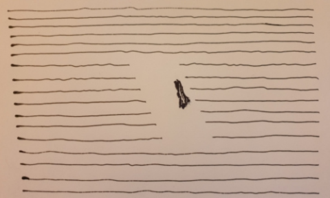 The image is a creative depiction of tinnitus, produced as part of the 2021 Tinnitus and the Arts workshops. It shows a series of horizontal black lines evenly spaced across a light background, resembling ruled lines on a page. In the centre, there is a small irregular dark shape that disrupts the uniformity of the lines.
