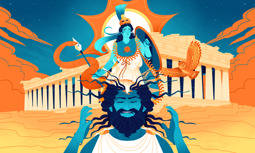 A blue and orange graphic depicting the goddess Athena, in full armour and flanked by an owl and a snake, emerging from the head of her father Zeus. The Parthenon temple in Athens can be seen in the background.