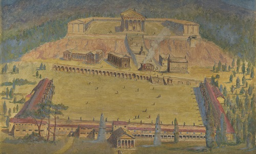 Temple of Aesculapius at Cos, with a key to the buildings and a fragment of the Stoa. Oil painting by R. Caton, ca. 1906.