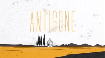 A drawing showing the title Antigone in large letters over a mountainous landscape with a temple and trees on the horizon.