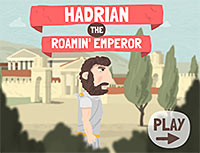 A drawing of a bearded man in a toga walking past a backdrop of Roman buildings, under the title Hadrian The Roamin’ Emperor.