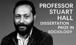 'Black-and-white image of Professor Stuart Hall with text: 'Professor Stuart Hall Dissertation Prize in Sociology' on a grey background.