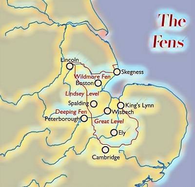 Map of eastern England, showing position of the Fens along with the major settlements within it
