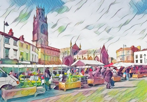 Painting of Boston marketplace. Photo Credit: Cambridgeshire Community Archives Network (CCAN)