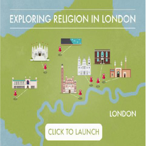 a cartoon map of London with the title Exploring Religion in London