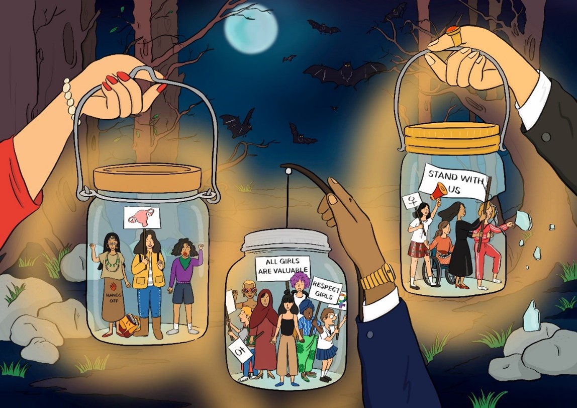 In a dark moonlit forest, three hands hold up three jars. The jars contain a range of range of girl activists of different ethnicities and cultural appearances bearing protest signs and banners, and they are glowing in the darkness. In the right-hand jar, one of the girl activists is breaking out of the glass of her jar container