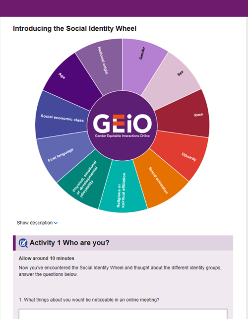 the Social Identity wheel used on the course for reflection of the impact of social identity on behaviour in online meetings