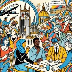 a colourful illustration of people sat together listening, with various landmarks in the background. This was the poster image of the event.