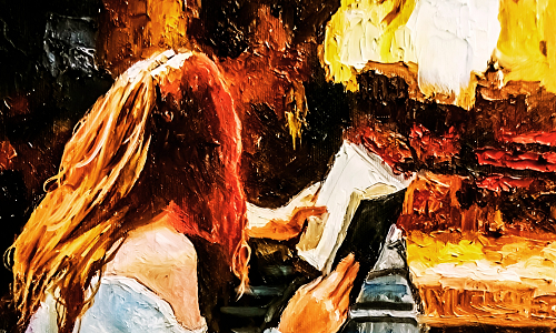 Oil painting young woman reading next to fire Copyright: Shutterstock ID: 1605803278
