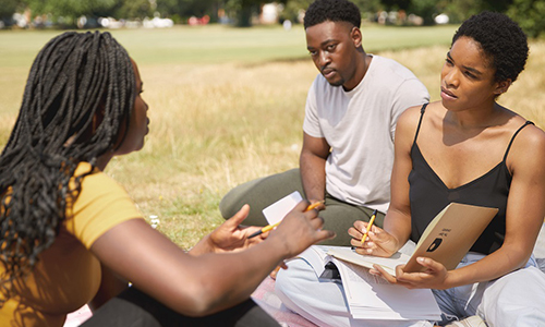 three BAME students sit on lawn and chat to each other 