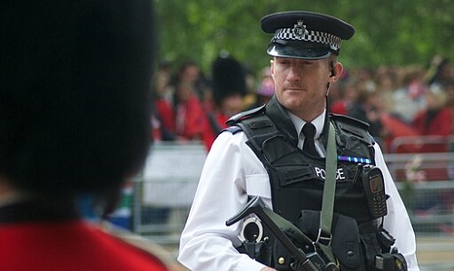  An armed police officer in London, England on 29 April 2011 on duty for the Royal Wedding.