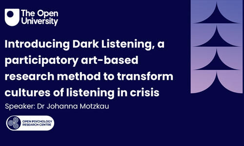 An OPRC-branded image with text Introducing Dark Listening, a participatory art-based research method to transform cultures of listening in crisis - Dr Johanna Motzkau