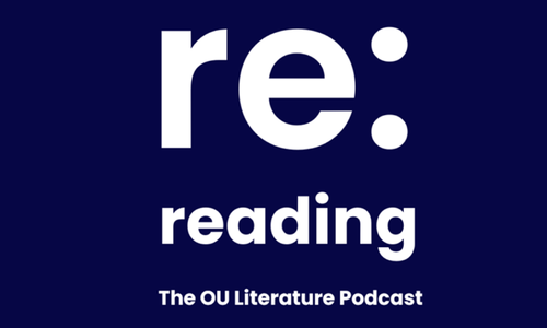 A plain blue background with the words, 're: reading The OU Literature podcast'