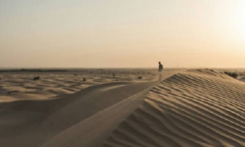 A person standing in a desert with sunset in the far