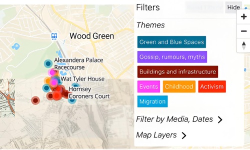 A map of a North London housing estate, with various areas marked by a range of themes, from buildings and green/blue spaces, to locations for events and activism