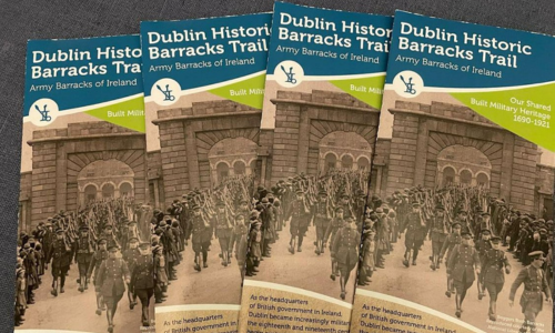 Leaflets with marching men and woman, with the title Dublin Historic Barracks Trail