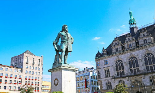 The Handel Monument in Market Square in the German city of Halle (Saale).