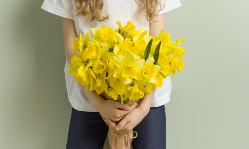 A child holds out a bouquet of daffodils