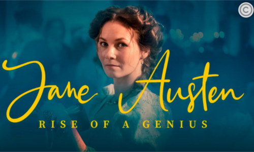 A portrait of a person in historical attire with the name 'Jane Austen' in large yellow script and the subtitle 'RISE OF A GENIUS' in smaller yellow capital letters, set against a dimly lit indoor background.