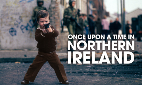 The series title is overlaid on a photo of a young boy pointing a toy gun in front of two soldiers standing on the corner of a graffiti covered building, with a crowd of shoppers in the street behind them