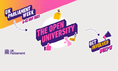 A brightly coloured graphic that reads “UK Parliament Week 6-12 Nov 2023, The Open University, Get Involved #UKPW”, with designs including the Houses of Parliament, the British Isles, and a thumbs up emoji. 