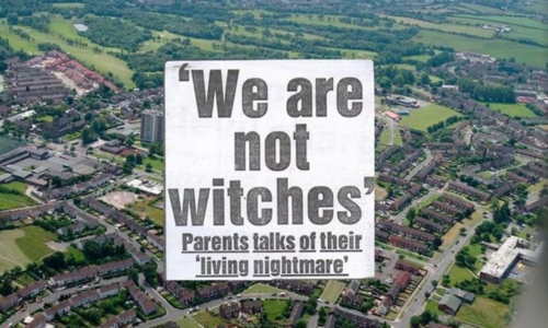 'We are not witches' Parents talk of their living nightmare text in the style of newspaper headline over an aerial shot of Manchester 