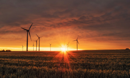 A field with five wind turbines with the sun setting in the background