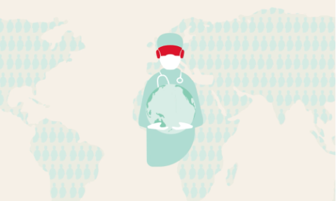 A cartoon outline of a medical personnel wearing a mask against a background of the world map