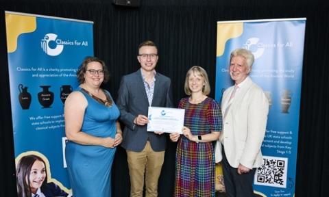 4.	Prof James Robson and Dr Emma Bridges with Classics for All’s Chief Executive, Jo Hobbs MBE and Chairman Jimmy Mulville