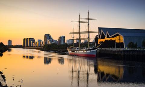 The Transport Museum in Glasgow, Scotland, at sunset