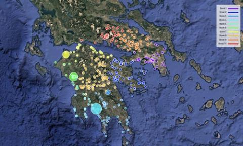 Map of the Greek mainland showing Pausanias's route from Athens, around the Peloponnese, to Delphi, by book