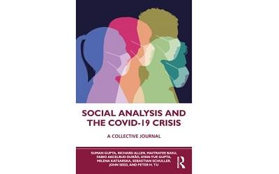 Image shows the front cover of the new book Social Analysis and the COVID-19 Crisis. It shows images of faces with masks on