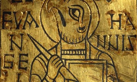Niello-inlaid engraving of a haloed eagle-headed St. John the Evangelist upon the gold plaque from Brandon, Suffolk, 32720001 (©The Trustees of the British Museum