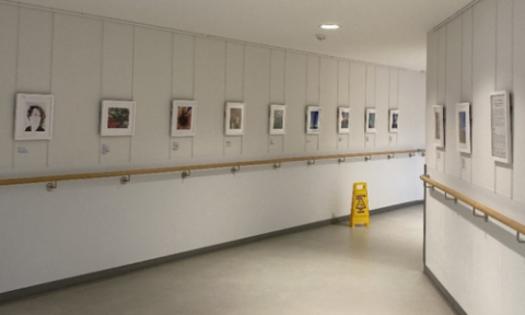 Various pieces of artwork handing on the wall of a hospital 