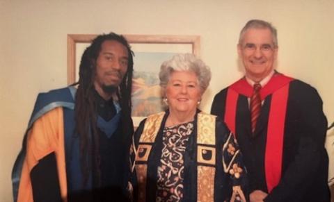 Pictured at the ceremony for his Honorary Doctorate, Benjamin Zephaniah, the late Baroness Boothroyd (a former OU Chancellor) and Professor Walder.