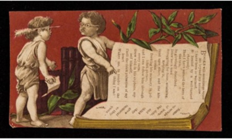 Two young boys in classical dress, looking at an oversize book, pointing to the words.