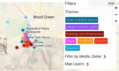 A map of a North London housing estate, with various areas marked by a range of themes, from buildings and green/blue spaces, to locations for events and activism
