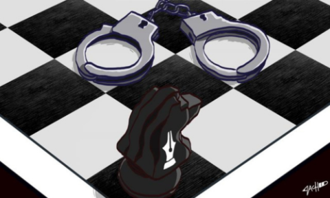 Cartoon of a black knight chess piece cornered on a chess board by a pair of handcuffs